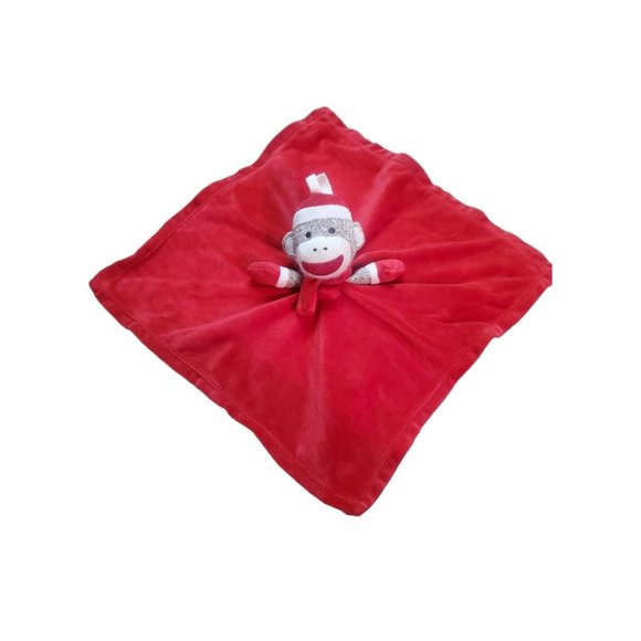 SOCK MONKEY Baby Starters Rattle Lovey Red Silk Back Security Blanket 16" - Picture 3 of 6